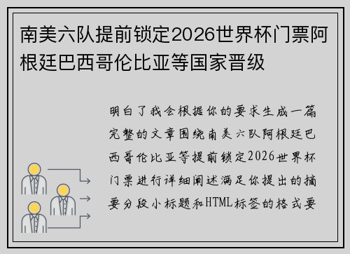 南美六队提前锁定2026世界杯门票阿根廷巴西哥伦比亚等国家晋级