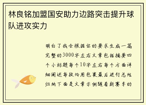 林良铭加盟国安助力边路突击提升球队进攻实力