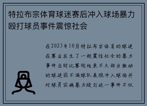 特拉布宗体育球迷赛后冲入球场暴力殴打球员事件震惊社会