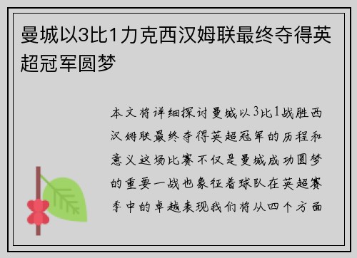 曼城以3比1力克西汉姆联最终夺得英超冠军圆梦